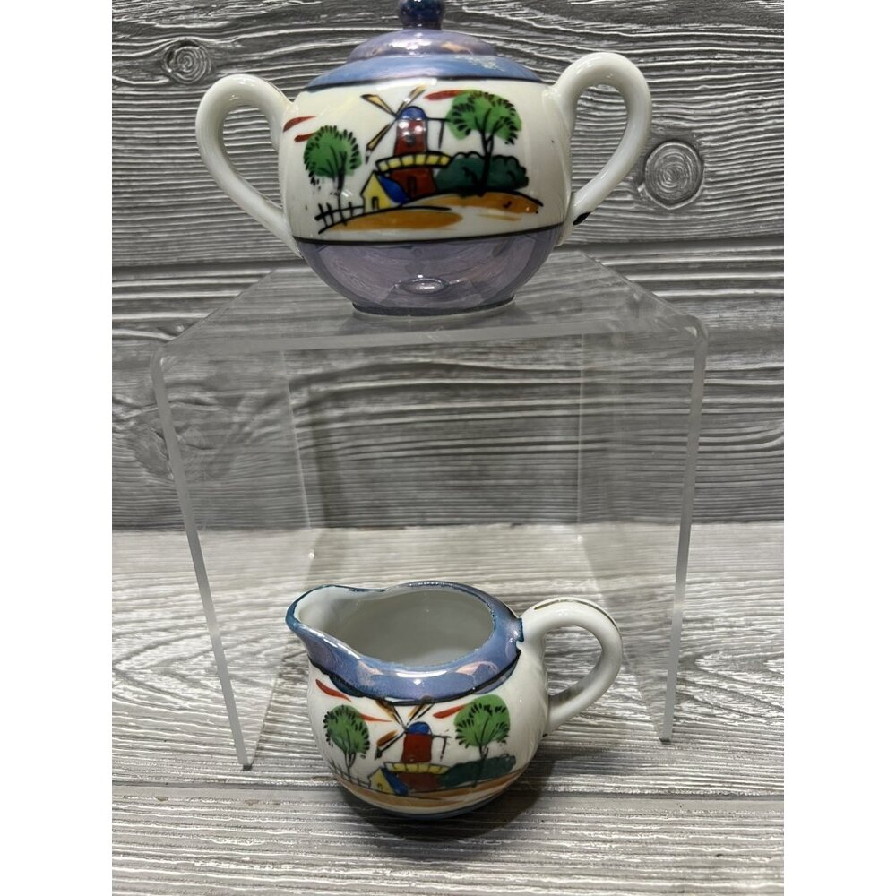 Vintage Mini Lusterware Porcelain Windmill Creamer Sugar Bowl Made in Japan